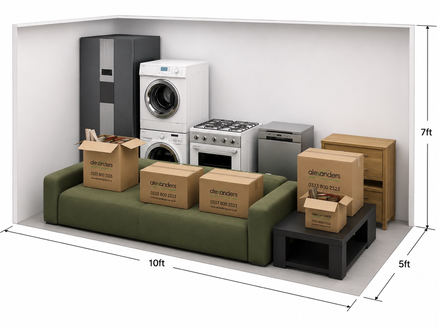 Example of a 50 sq ft storage unit filled with household items, with dimensions marked in feet